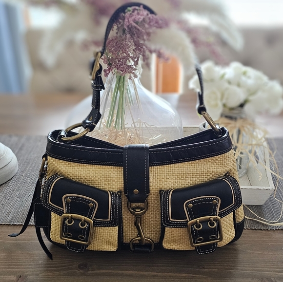 Vintage Coach Legacy Leather Trimmed Manufactured Straw Hobo Shoulder Bag - Picture 13 of 16